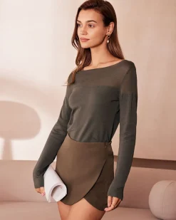 The Army Green Boat Neck Sheer Knit Top