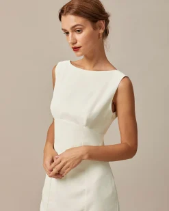The Beige Boat Neck Back Bowknot Mini Dress
