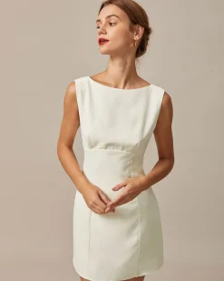 The Beige Boat Neck Back Bowknot Mini Dress
