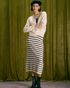 The Beige Elastic Waist Striped Knit Midi Skirt