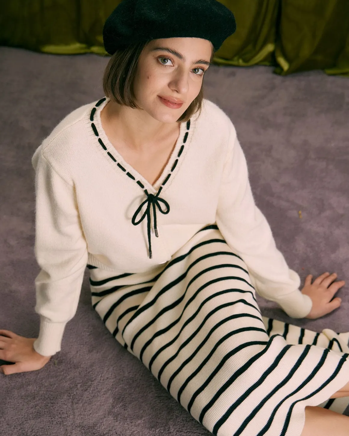 The Beige Elastic Waist Striped Knit Midi Skirt