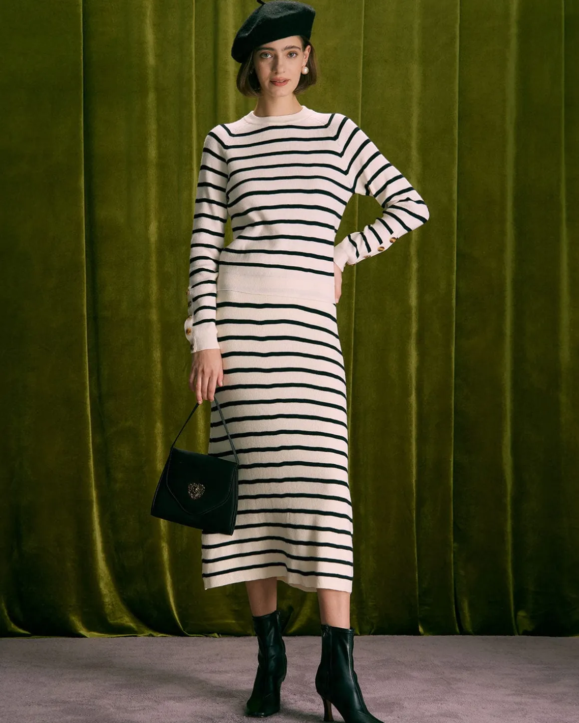 The Beige Elastic Waist Striped Knit Midi Skirt