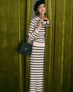 The Beige Elastic Waist Striped Knit Midi Skirt