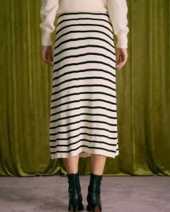 The Beige Elastic Waist Striped Knit Midi Skirt