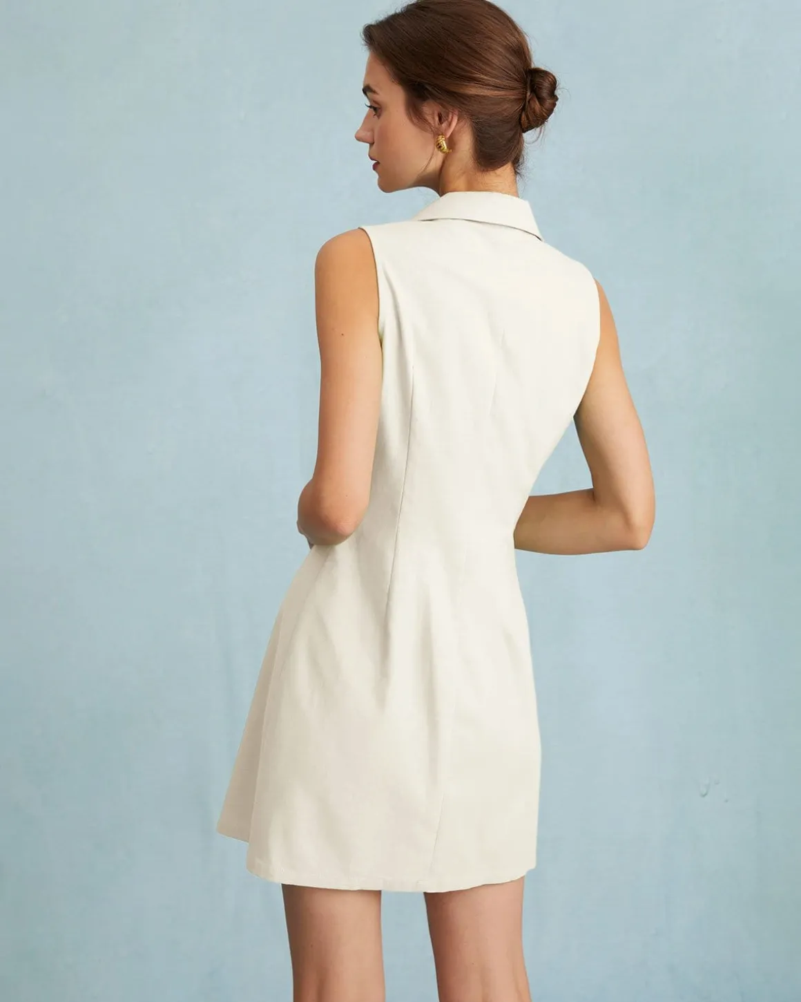 The Beige Lapel Button-up Sleeveless Mini Dress