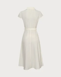 The Beige Lapel Cap Sleeve Shirt Midi Dress