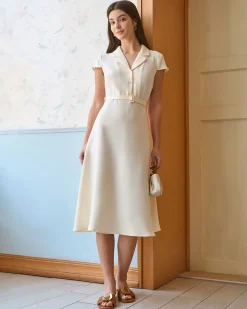 The Beige Lapel Cap Sleeve Shirt Midi Dress
