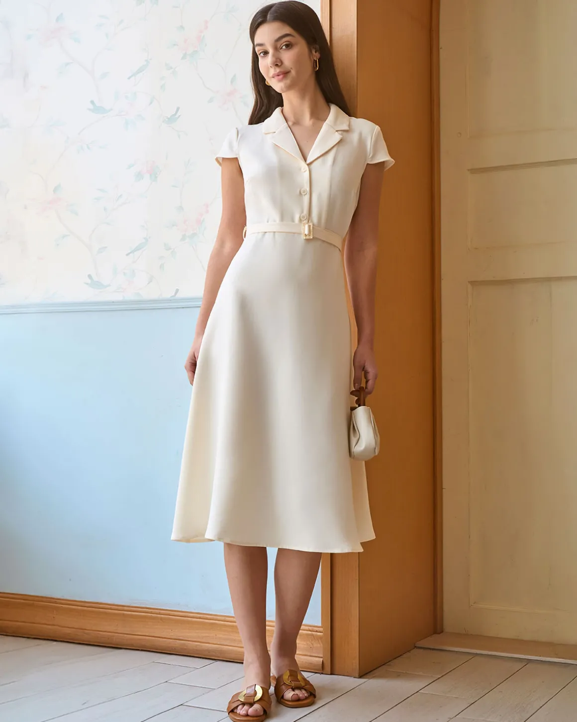 The Beige Lapel Cap Sleeve Shirt Midi Dress