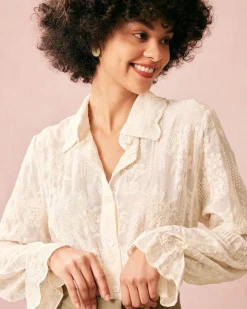 The Beige Lapel Embroidery Long Sleeve Blouse