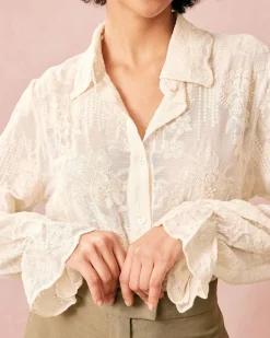 The Beige Lapel Embroidery Long Sleeve Blouse