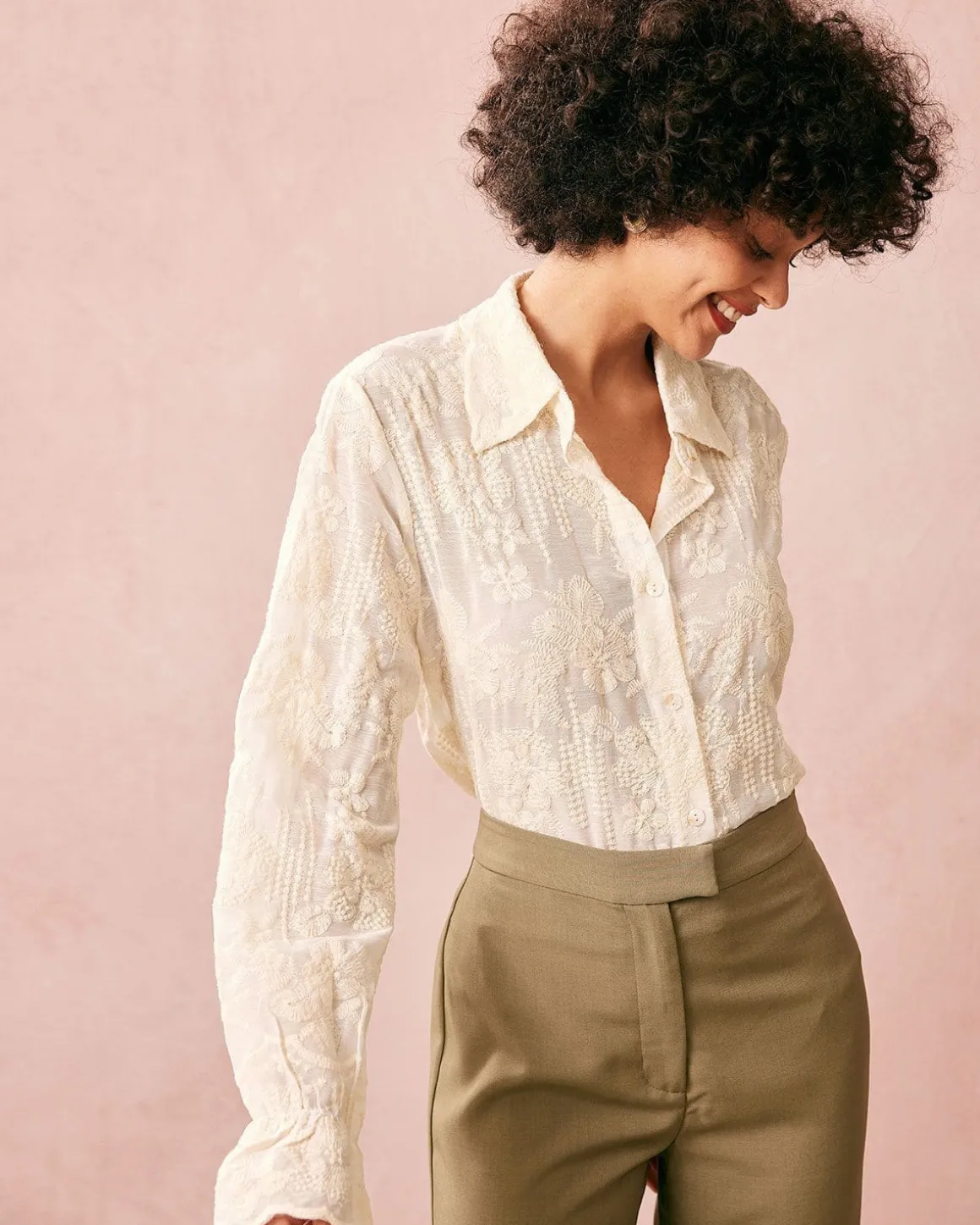 The Beige Lapel Embroidery Long Sleeve Blouse