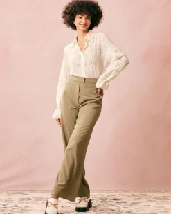 The Beige Lapel Embroidery Long Sleeve Blouse