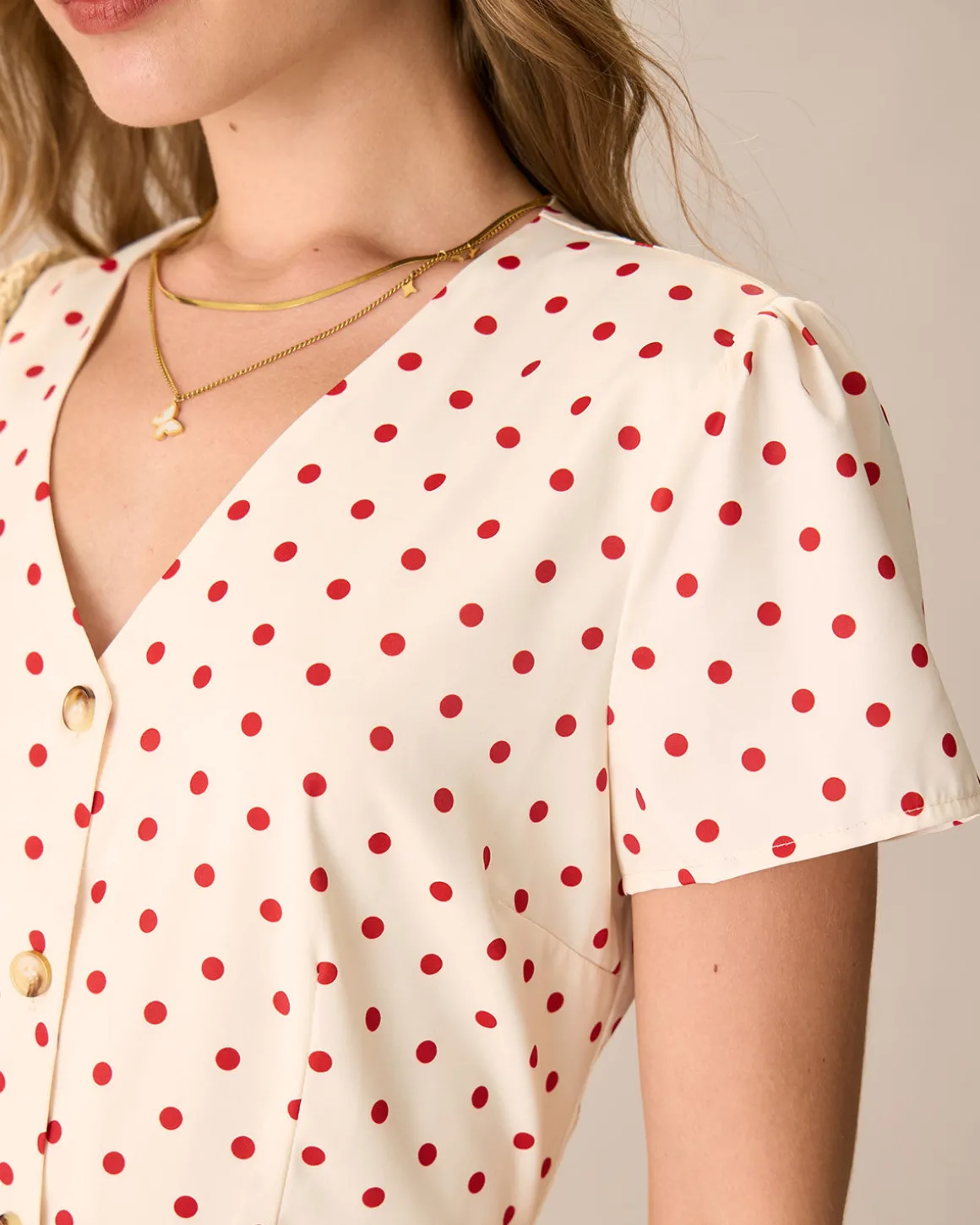 The Beige Polka Dot Button Mini Dress