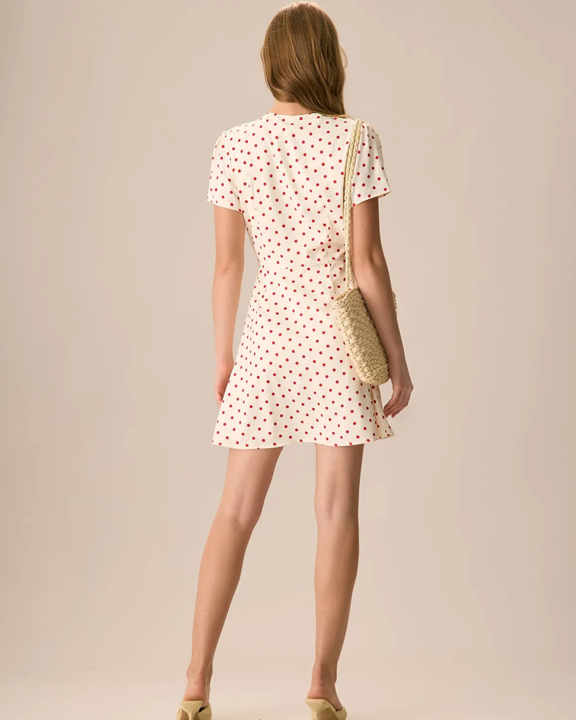 The Beige Polka Dot Button Mini Dress