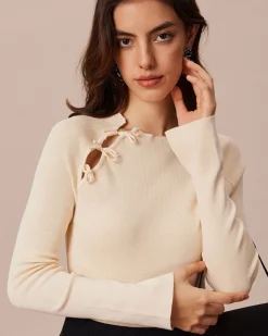 The Beige Ribbed Cut Out Bowknot Knit Top
