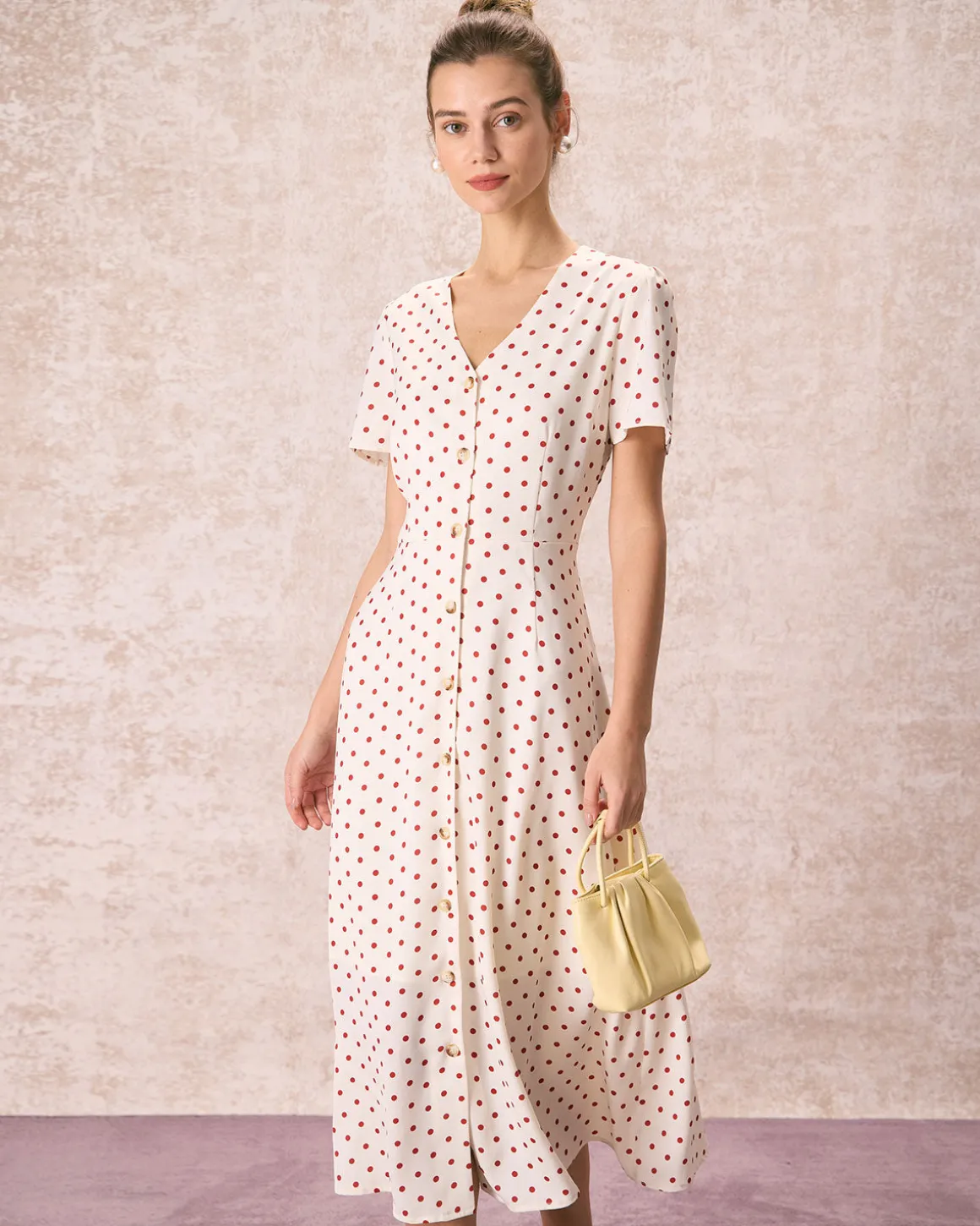 The Beige V Neck Polka Dot Button Midi Dress