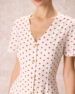 The Beige V Neck Polka Dot Button Midi Dress