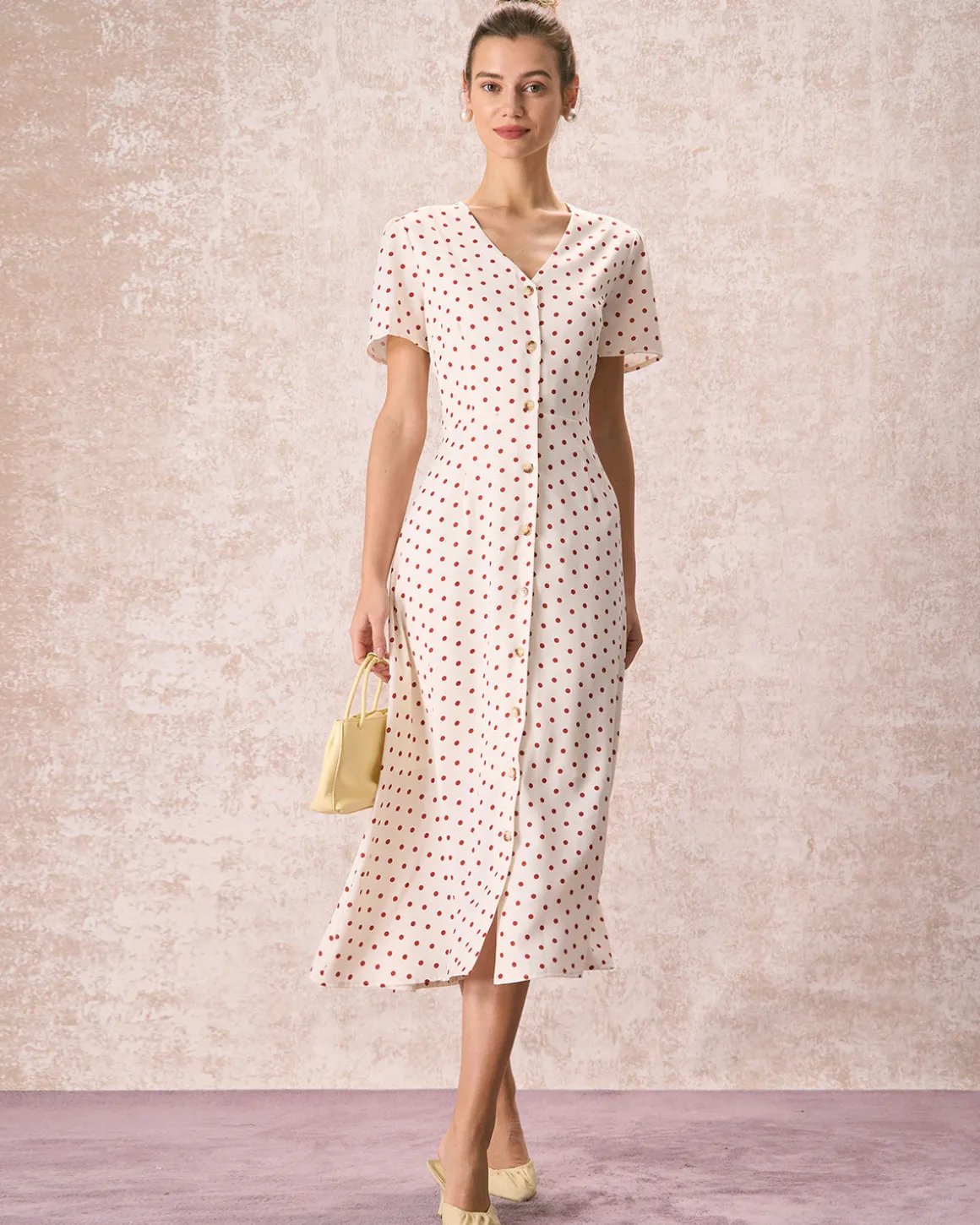 The Beige V Neck Polka Dot Button Midi Dress