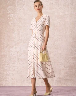 The Beige V Neck Polka Dot Button Midi Dress