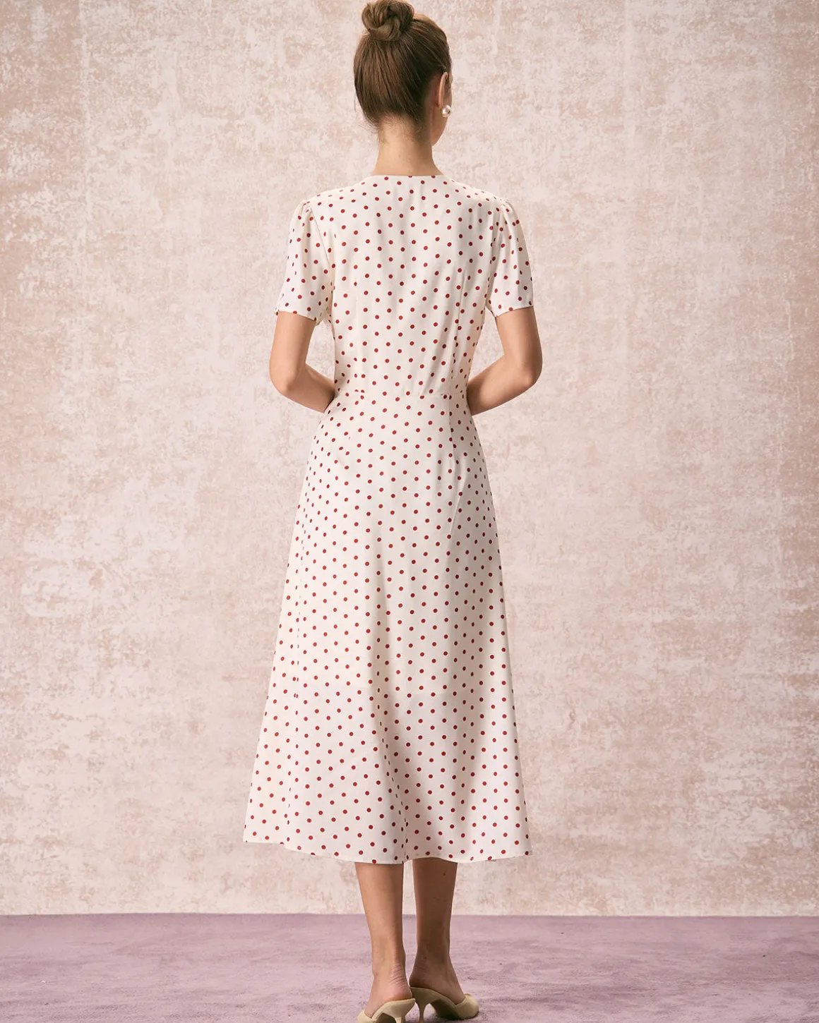 The Beige V Neck Polka Dot Button Midi Dress