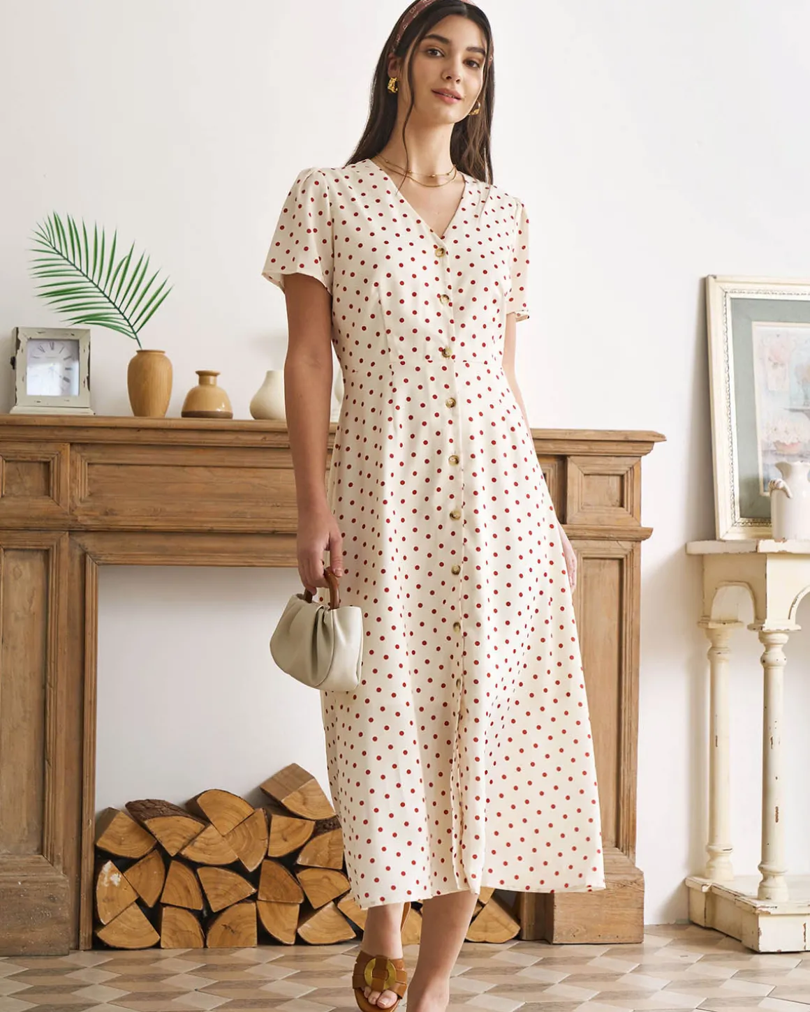 The Beige V Neck Polka Dot Button Midi Dress