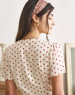 The Beige V Neck Polka Dot Button Midi Dress