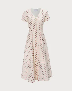 The Beige V Neck Polka Dot Button Midi Dress