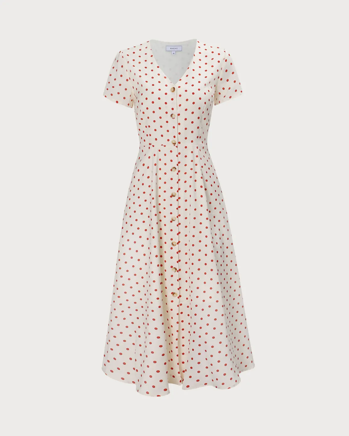 The Beige V Neck Polka Dot Button Midi Dress
