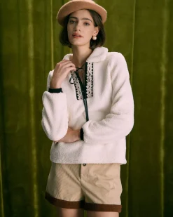 The Beige V Neck Spliced Teddy Sweatshirt