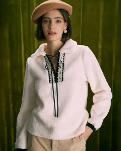 The Beige V Neck Spliced Teddy Sweatshirt