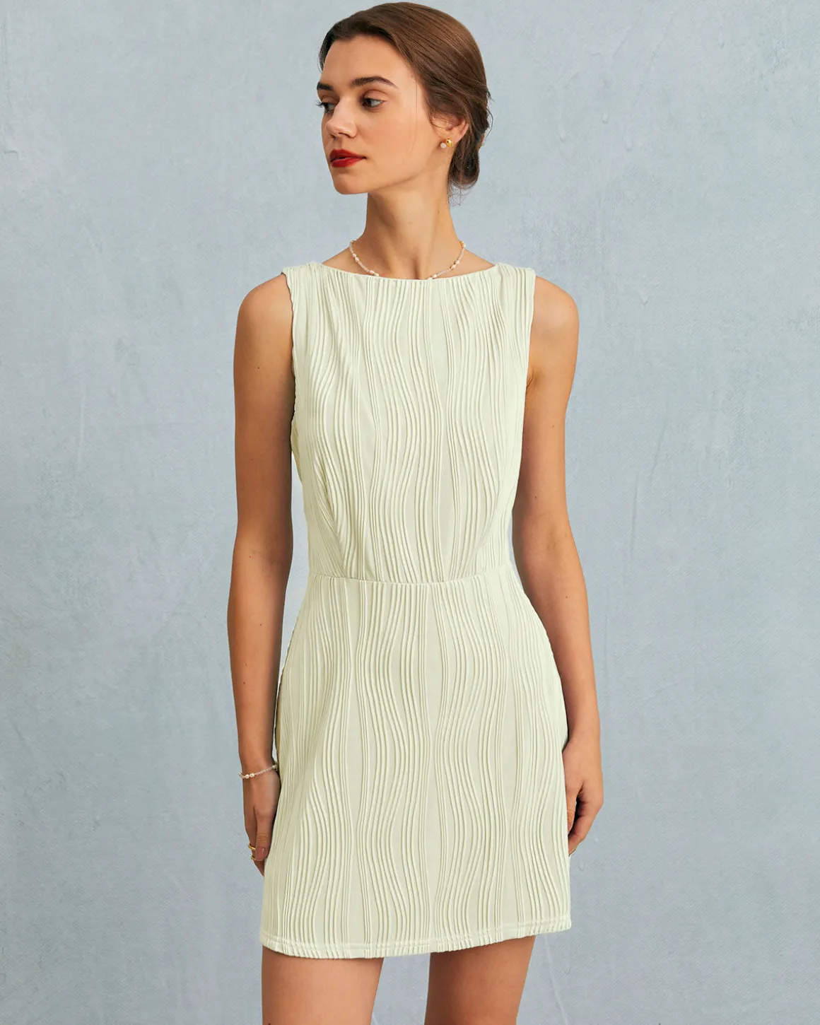 The Beige Water Ripple Textured Sleeveless Mini Dress