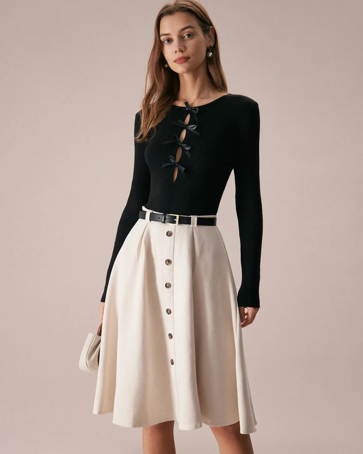 The Black Boat Neck Bowknot Front Knit Top