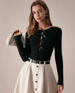 The Black Boat Neck Bowknot Front Knit Top