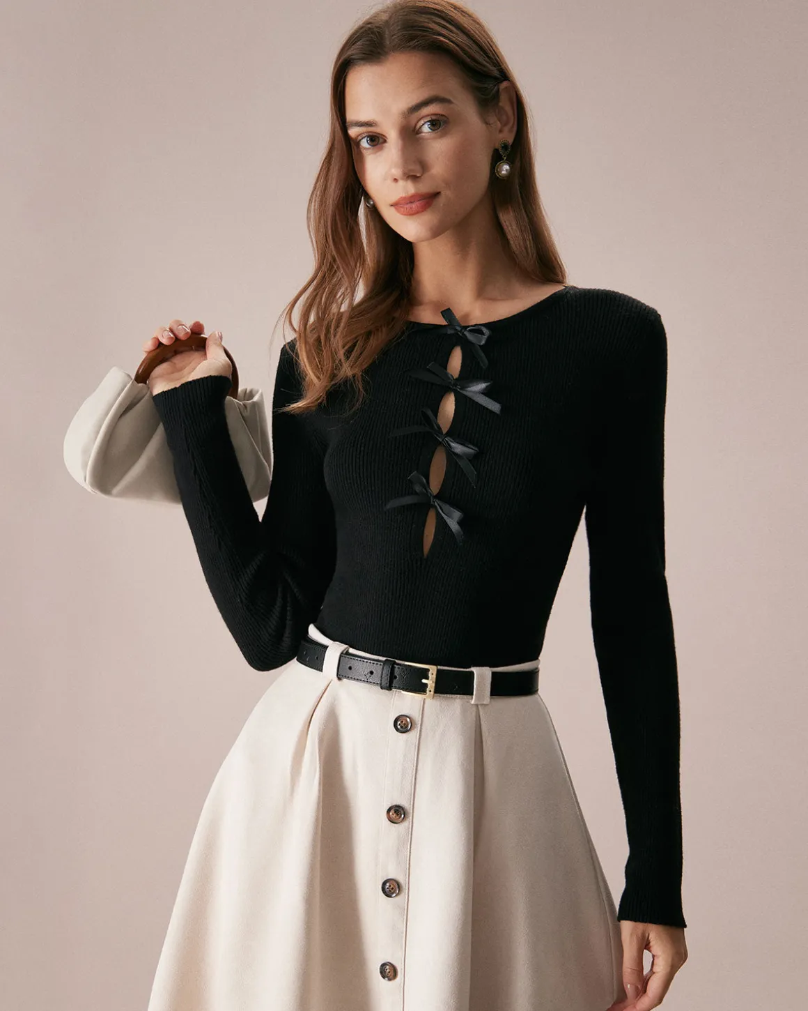 The Black Boat Neck Bowknot Front Knit Top