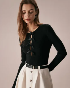 The Black Boat Neck Bowknot Front Knit Top