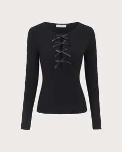 The Black Boat Neck Bowknot Front Knit Top