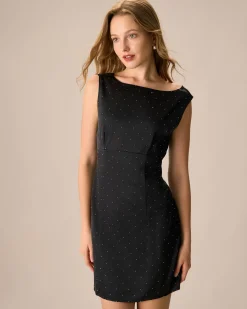 The Black Boat Neck Bowknot Satin Mini Dress