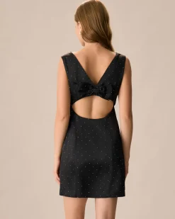 The Black Boat Neck Bowknot Satin Mini Dress
