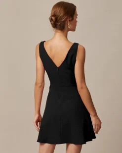 The Black Boat Neck High Waisted Mini Dress