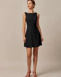 The Black Boat Neck High Waisted Mini Dress