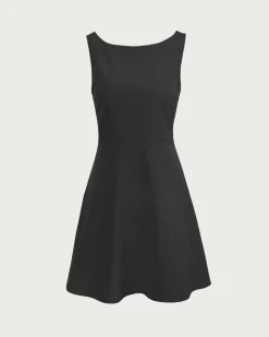 The Black Boat Neck High Waisted Mini Dress