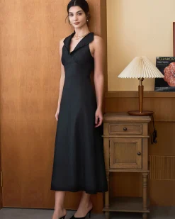 The Black Collared Frill Trim Linen Maxi Dress