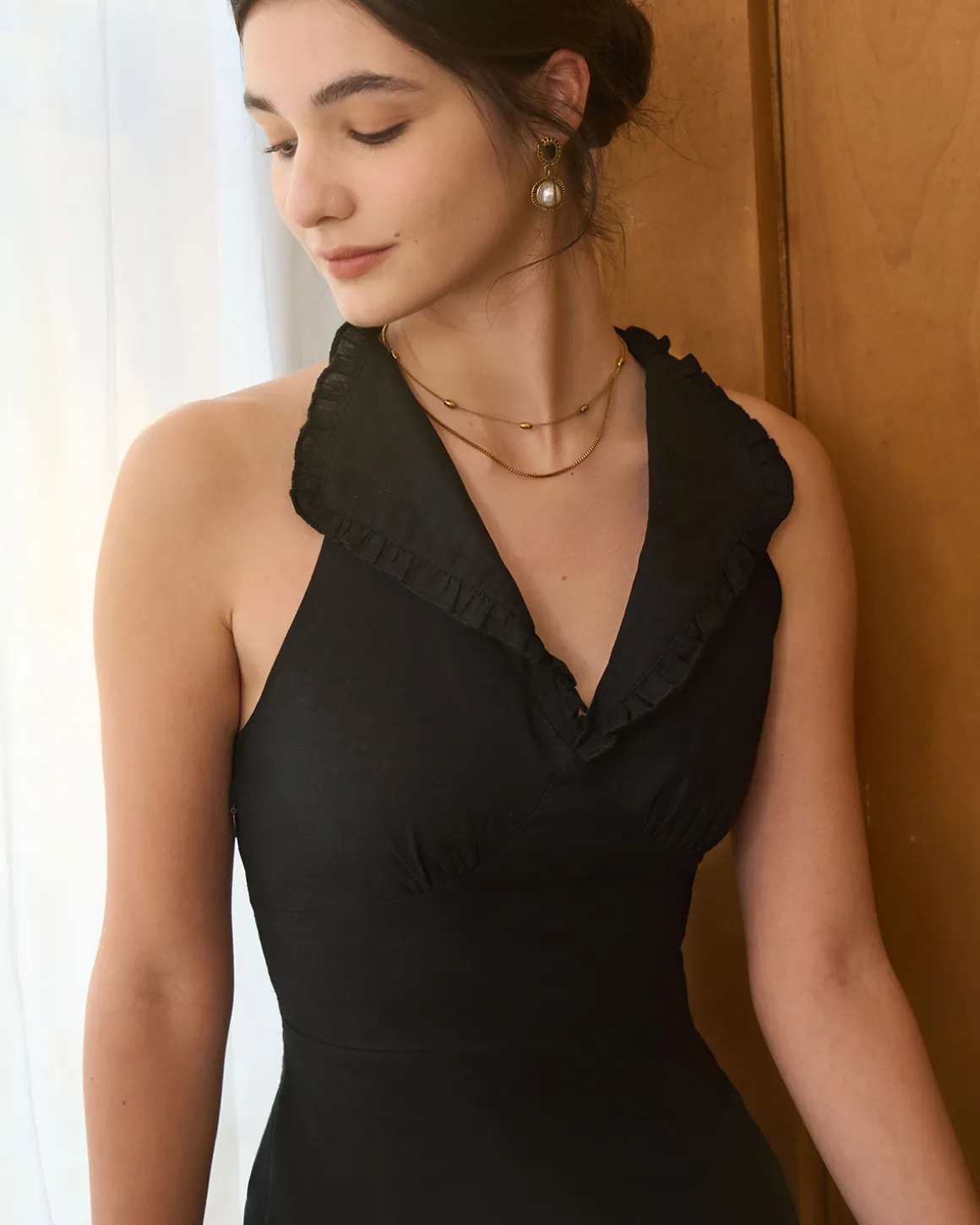 The Black Collared Frill Trim Linen Maxi Dress