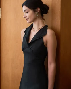 The Black Collared Frill Trim Linen Maxi Dress