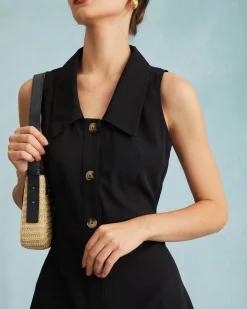 The Black Collared Sleeveless A Line Shirt Mini Dress