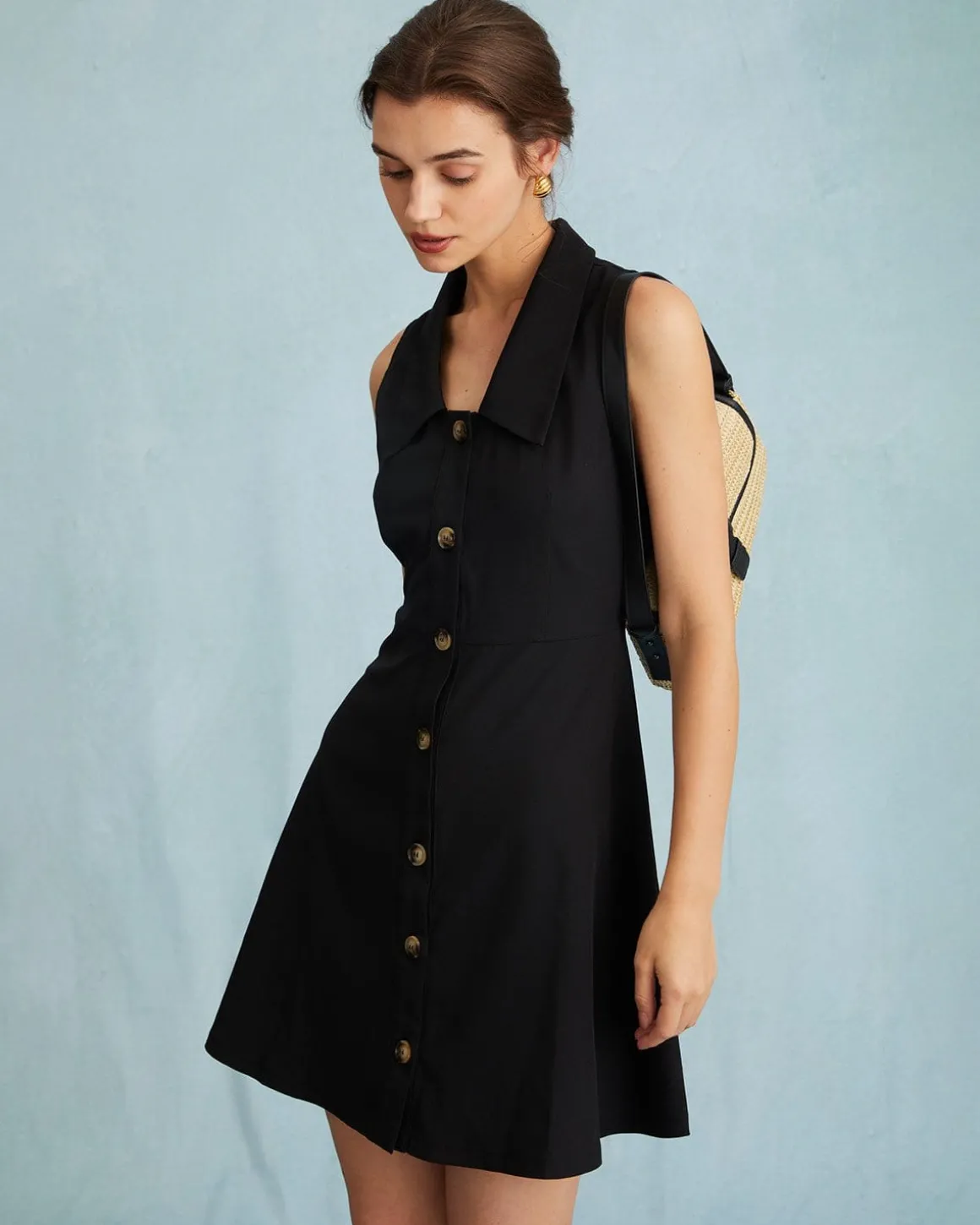 The Black Collared Sleeveless A Line Shirt Mini Dress