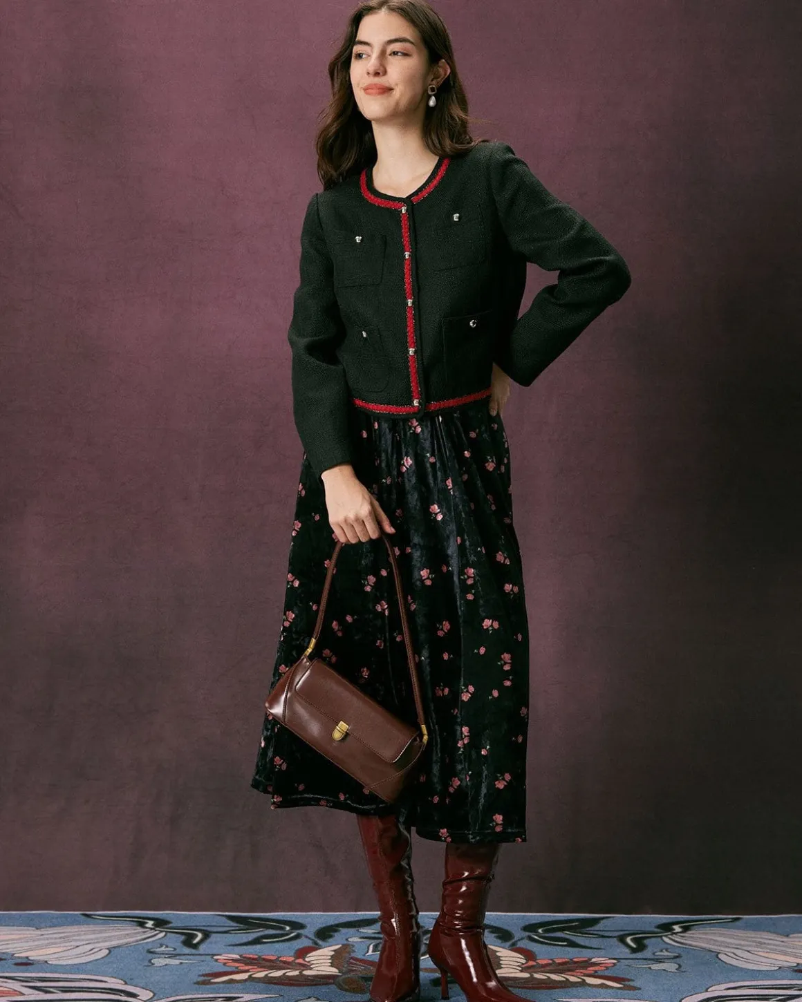 The Black Colorblock Button Tweed Jacket
