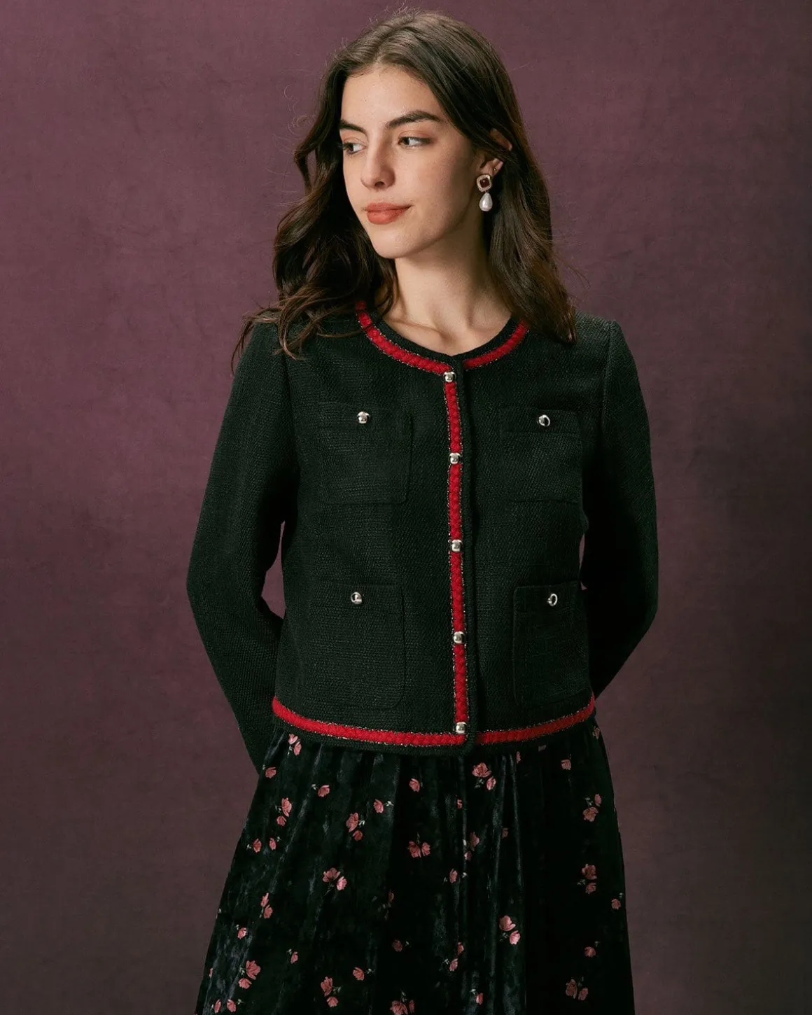 The Black Colorblock Button Tweed Jacket
