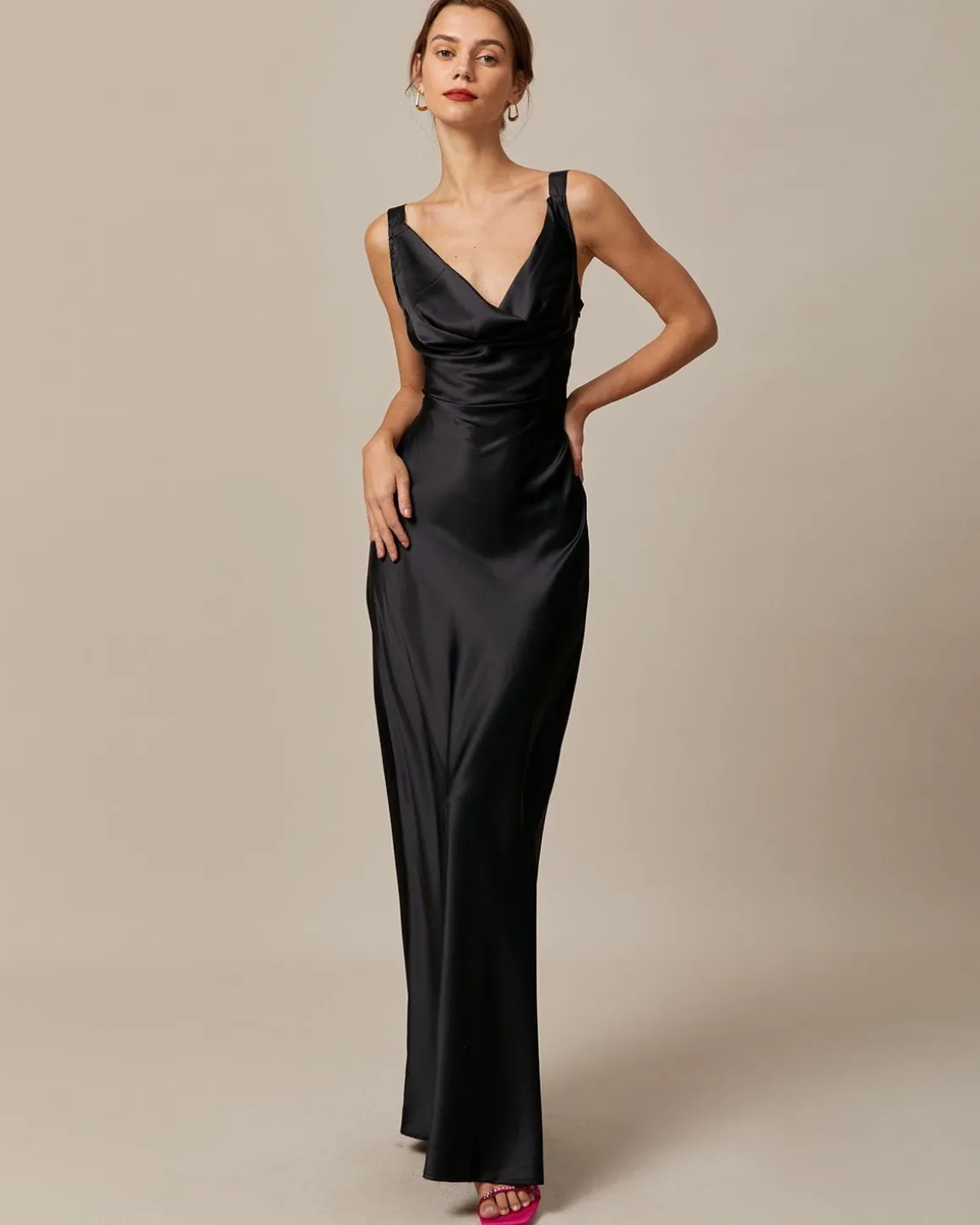 The Black Cowl Neck Sheath Satin Maxi Dress