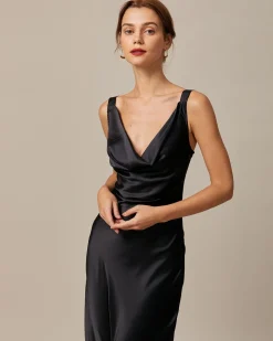 The Black Cowl Neck Sheath Satin Maxi Dress